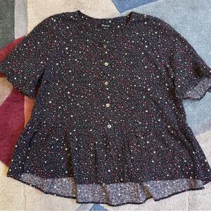 Madewell Star Print Peplum Blouse Size Medium Navy Red White Button Front